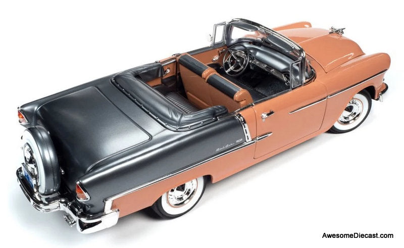 1955 Chevrolet Bel Air Convertible, Coral/Gray 1:18 Diecast Model Car by Auto World