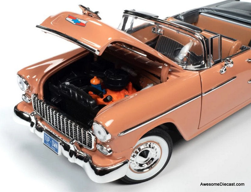 1955 Chevrolet Bel Air Convertible, Coral/Gray 1:18 Diecast Model Car by Auto World