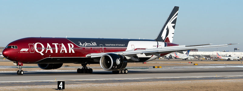 Boeing 777-300ER: Qatar Airways  (Reg #A7-BEG) - Flaps Down "Formula 1 Livery" 1:200 Diecast Model Plane by JC Wings