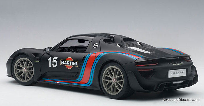 Porsche 918 Spyder Weissach Package, Matte Black w/Martini Livery 1:18 Diecast Model Car by AUTOart