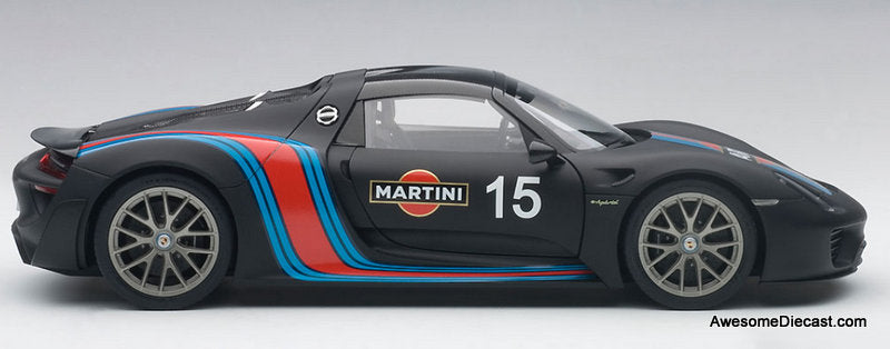 Porsche 918 Spyder Weissach Package, Matte Black w/Martini Livery 1:18 Diecast Model Car by AUTOart
