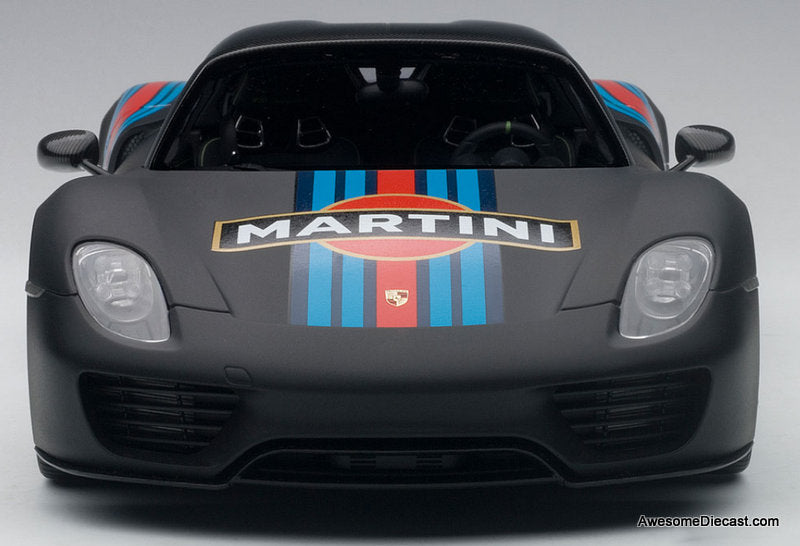Porsche 918 Spyder Weissach Package, Matte Black w/Martini Livery 1:18 Diecast Model Car by AUTOart