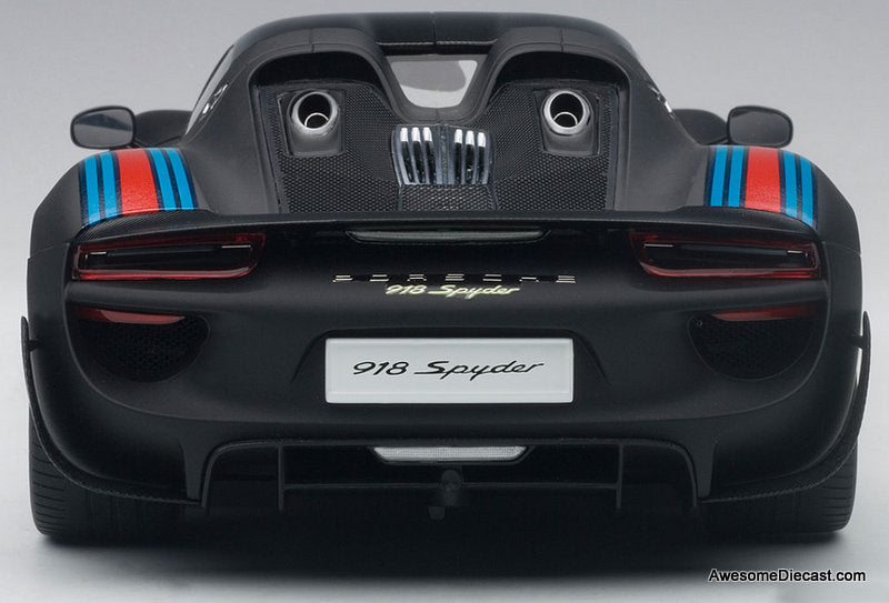 Porsche 918 Spyder Weissach Package, Matte Black w/Martini Livery 1:18 Diecast Model Car by AUTOart