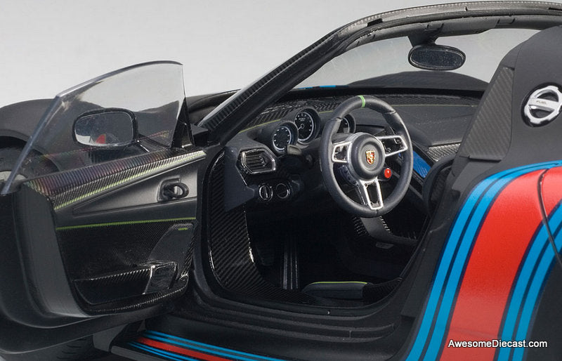 Porsche 918 Spyder Weissach Package, Matte Black w/Martini Livery 1:18 Diecast Model Car by AUTOart