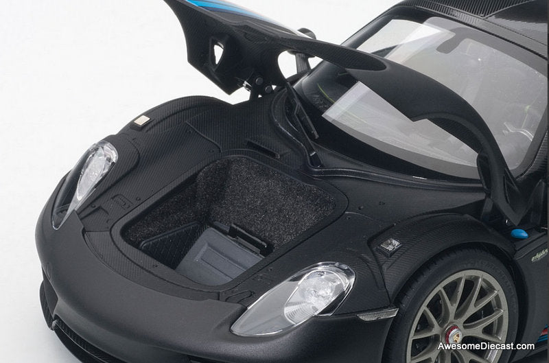 Porsche 918 Spyder Weissach Package, Matte Black w/Martini Livery 1:18 Diecast Model Car by AUTOart