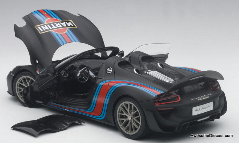 Porsche 918 Spyder Weissach Package, Matte Black w/Martini Livery 1:18 Diecast Model Car by AUTOart