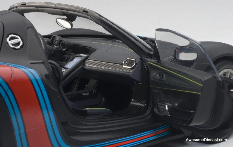Porsche 918 Spyder Weissach Package, Matte Black w/Martini Livery 1:18 Diecast Model Car by AUTOart