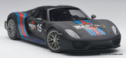 Porsche 918 Spyder Weissach Package, Matte Black w/Martini Livery 1:18 Diecast Model Car by AUTOart