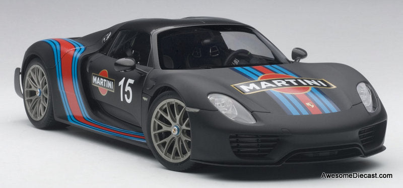 Porsche 918 Spyder Weissach Package, Matte Black w/Martini Livery 1:18 Diecast Model Car by AUTOart