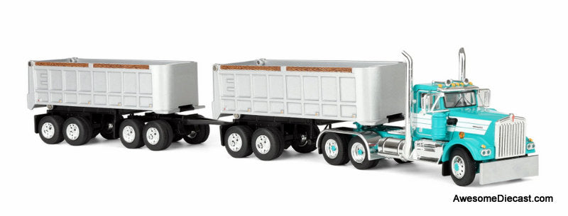 Kenworth W900A Day Cab w/Dual 22ft End Dump Trailers, Turquoise/White 1:64 Diecast Mode