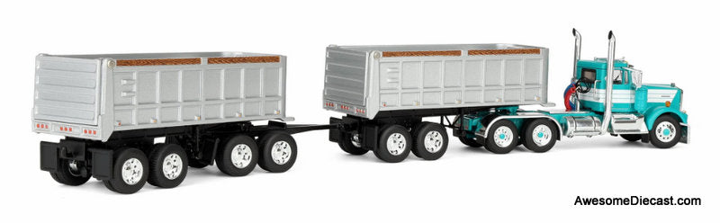 Kenworth W900A Day Cab w/Dual 22ft End Dump Trailers, Turquoise/White 1:64 Diecast Mode