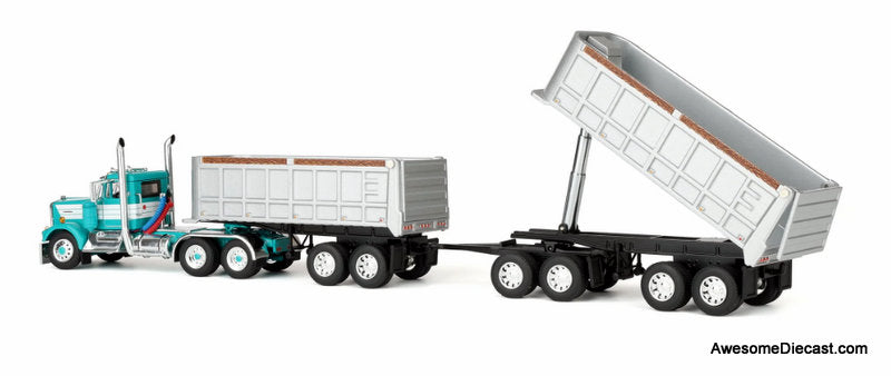 Kenworth W900A Day Cab w/Dual 22ft End Dump Trailers, Turquoise/White 1:64 Diecast Mode