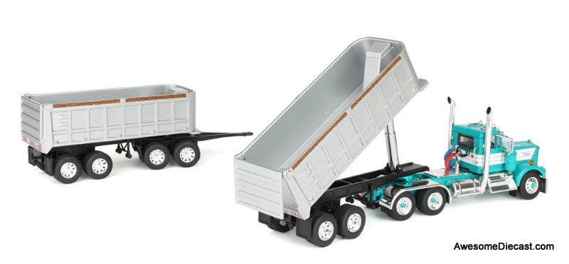 Kenworth W900A Day Cab w/Dual 22ft End Dump Trailers, Turquoise/White 1:64 Diecast Mode