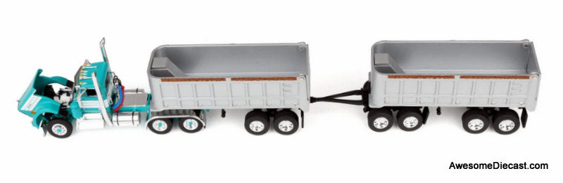 Kenworth W900A Day Cab w/Dual 22ft End Dump Trailers, Turquoise/White 1:64 Diecast Mode