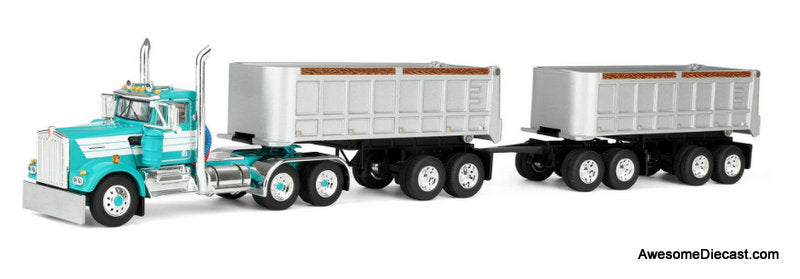 Kenworth W900A Day Cab w/Dual 22ft End Dump Trailers, Turquoise/White 1:64 Diecast Mode