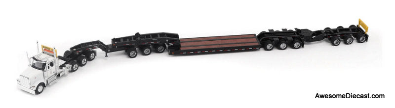 Peterbilt 589 Tridem-Axle Day Cab w/Trail King TK170 Gooseneck Lowboy Trailer, Jeep & Booster, White 1:64 Diecast Model Truck by Diecast Masters