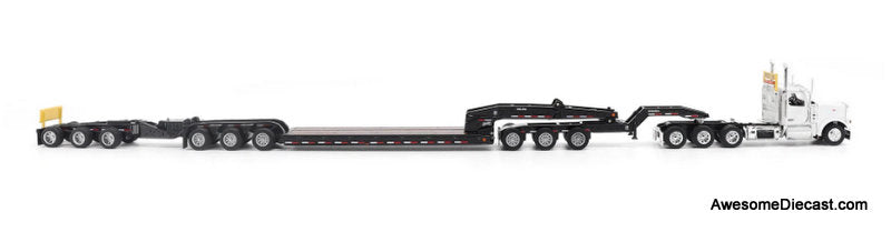 Peterbilt 589 Tridem-Axle Day Cab w/Trail King TK170 Gooseneck Lowboy Trailer, Jeep & Booster, White 1:64 Diecast Model Truck by Diecast Masters