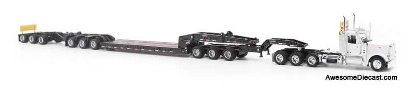 Peterbilt 589 Tridem-Axle Day Cab w/Trail King TK170 Gooseneck Lowboy Trailer, Jeep & Booster, White 1:64 Diecast Model Truck by Diecast Masters