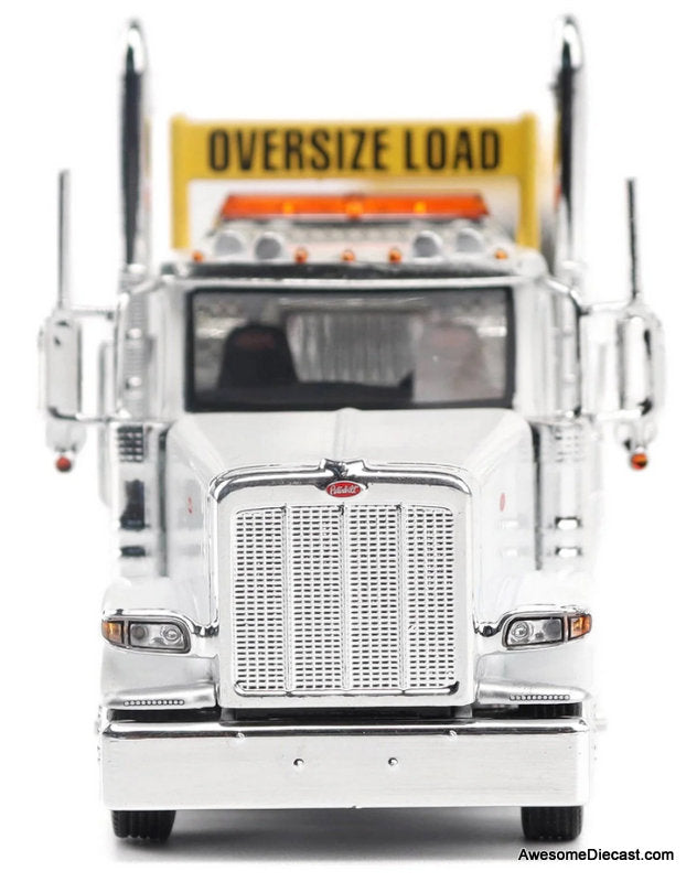 Peterbilt 589 Tridem-Axle Day Cab w/Trail King TK170 Gooseneck Lowboy Trailer, Jeep & Booster, White 1:64 Diecast Model Truck by Diecast Masters