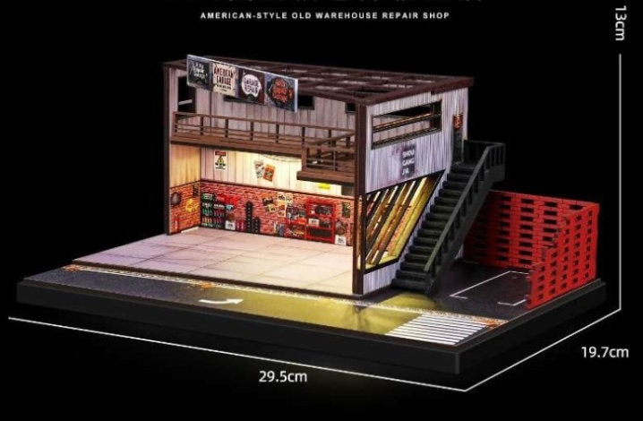 American Style Old Warehouse Repair Shop w/Lighting 1:64 Diorama