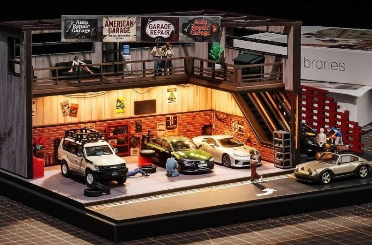 American Style Old Warehouse Repair Shop w/Lighting 1:64 Diorama