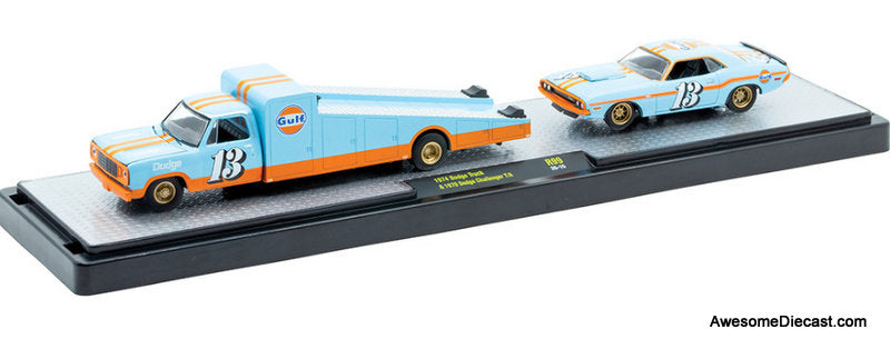 1974 Dodge Truck & 1970 Dodge Challenger T/A Gulf Livery 1:64 Diecast Model Vehicles by M2 Machines