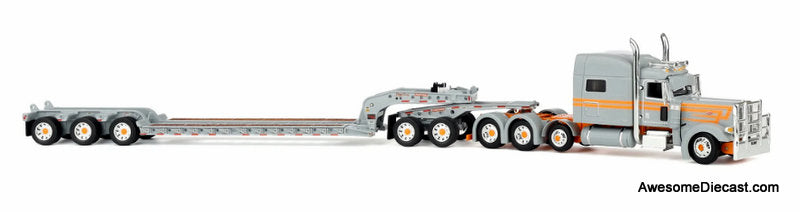 Peterbilt 389 Semi Truck with Fontaine Magnitude Tri-Axle Lowboy Trailer & Jeep, Capitola 1:64 Diecast Model Truck DCP by FG