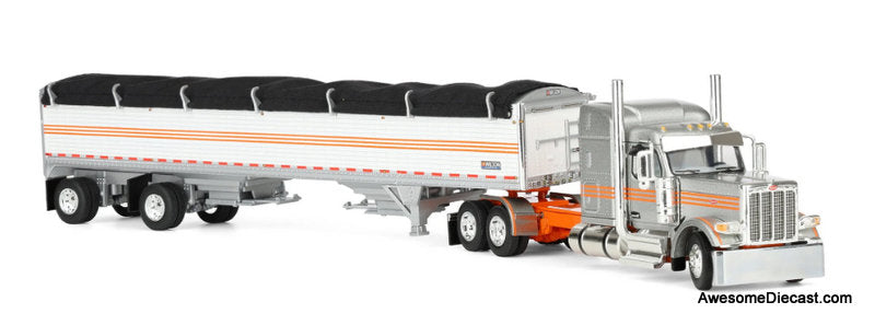 Peterbilt 589 Sleeper Tractor w/Wilson Pacesetter Grain Trailer, Silver/Orange/White 1:64 Diecast Model Truck DCP by FG