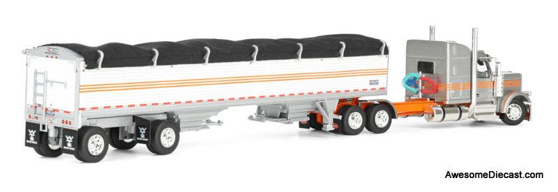 Peterbilt 589 Sleeper Tractor w/Wilson Pacesetter Grain Trailer, Silver/Orange/White 1:64 Diecast Model Truck DCP by FG