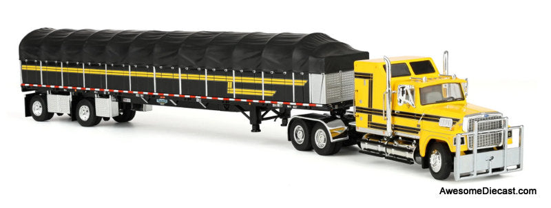 Ford LTL 9000 Sleeper Tractor w/53ft Wilson Roadbrute Flatbed Trailer & Covered Wagon, Yellow/Black 1:64 Diecast Model Truck DCP by FG
