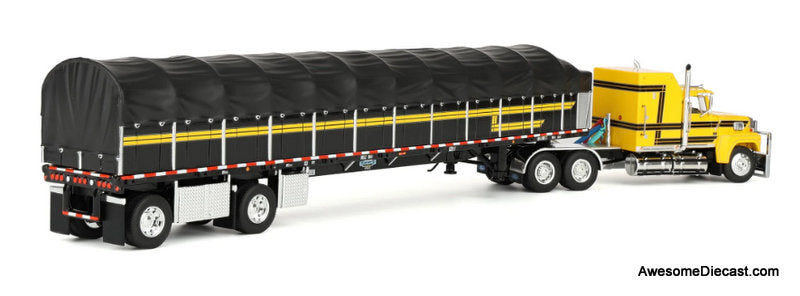 Ford LTL 9000 Sleeper Tractor w/53ft Wilson Roadbrute Flatbed Trailer & Covered Wagon, Yellow/Black 1:64 Diecast Model Truck DCP by FG