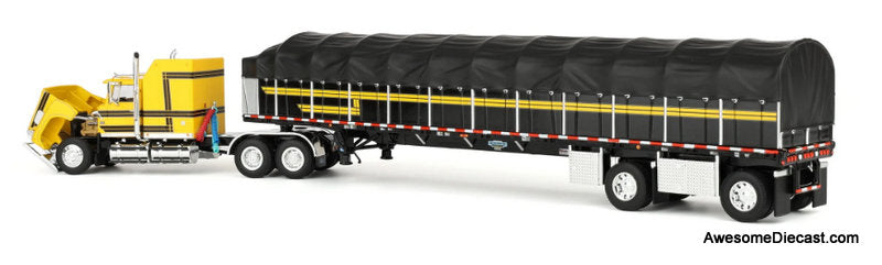 Ford LTL 9000 Sleeper Tractor w/53ft Wilson Roadbrute Flatbed Trailer & Covered Wagon, Yellow/Black 1:64 Diecast Model Truck DCP by FG