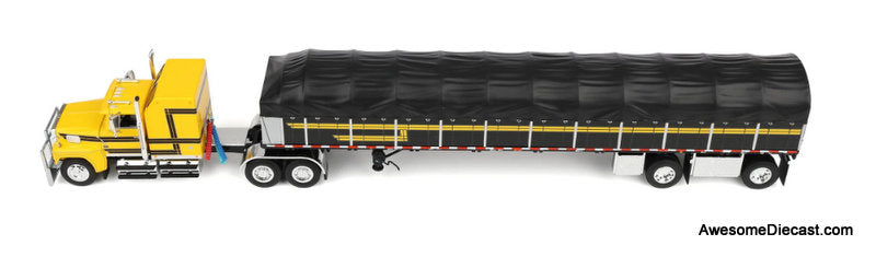 Ford LTL 9000 Sleeper Tractor w/53ft Wilson Roadbrute Flatbed Trailer & Covered Wagon, Yellow/Black 1:64 Diecast Model Truck DCP by FG