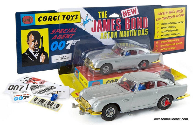 1963 Aston Martin DB5, Silver James Bond 007 1:43 Diecast Model Car by Corgi Re-Creation