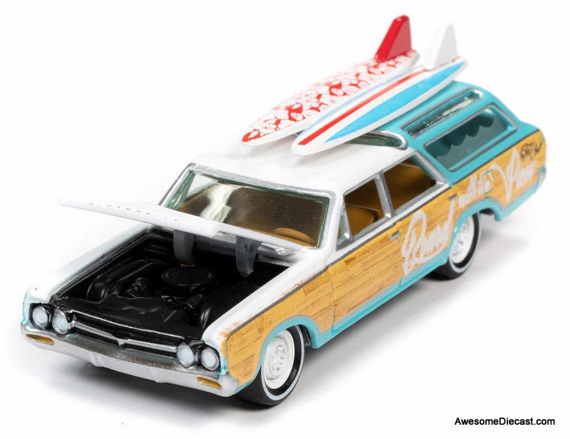 1964 Oldsmobile Vista Cruiser, Surfin' White/Grren w/Wood Paneling 1:64 Diecast Model Car by Johnny Lightning