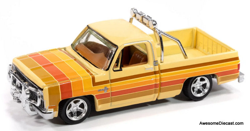 1981 Chevrolet Silverado Fleetside Lowered Custom, Cream w/5-Color Stripe Graphics 1:64 Diecast Model Car by Auto World