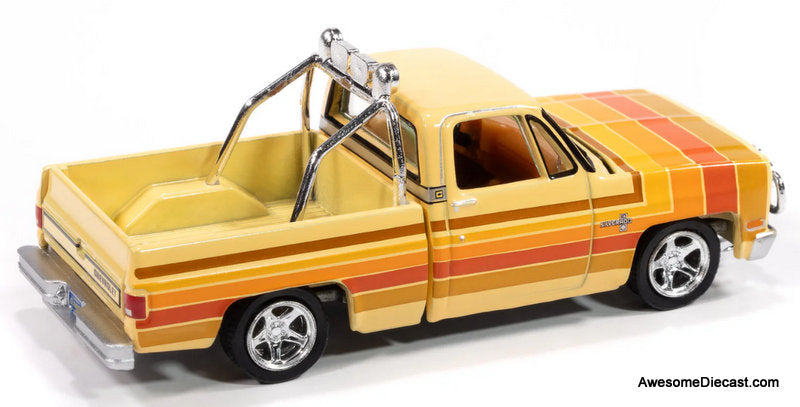 1981 Chevrolet Silverado Fleetside Lowered Custom, Cream w/5-Color Stripe Graphics 1:64 Diecast Model Car by Auto World