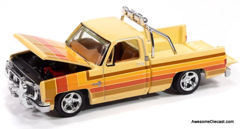 1981 Chevrolet Silverado Fleetside Lowered Custom, Cream w/5-Color Stripe Graphics 1:64 Diecast Model Car by Auto World