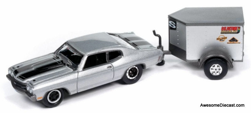 1970 Chevrolet Chevelle SS, Silver Metallic w/V-Nose Travel Trailer 1:64 Diecast Model Car by Johnny Lightning