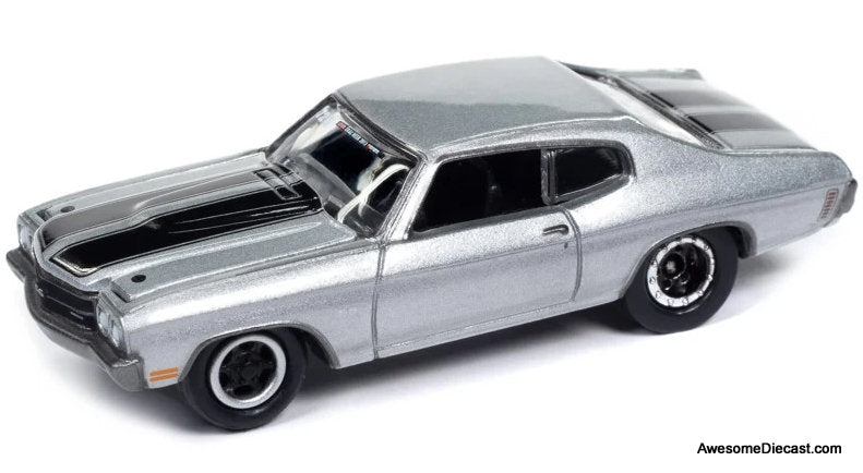 1970 Chevrolet Chevelle SS, Silver Metallic w/V-Nose Travel Trailer 1:64 Diecast Model Car by Johnny Lightning