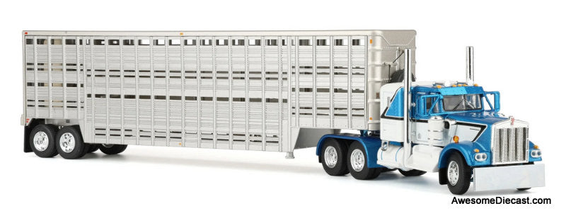 Kenworth W900A Sleeper Cab w/45ft Wilson Vintage Livestock Trailer, Blue/White 1:64 Diecast Model Truck DCP by First Gear