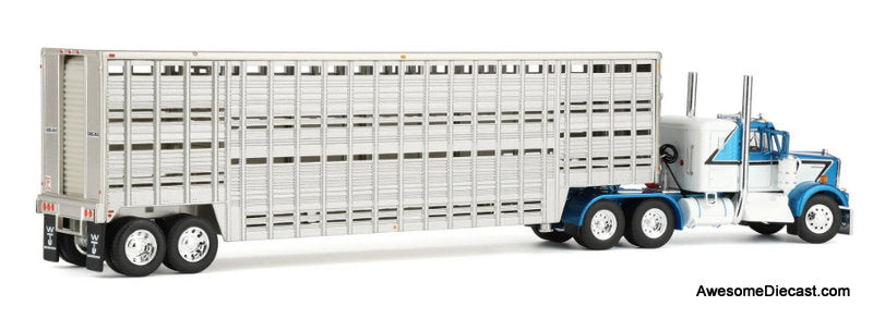 Kenworth W900A Sleeper Cab w/45ft Wilson Vintage Livestock Trailer, Blue/White 1:64 Diecast Model Truck DCP by First Gear