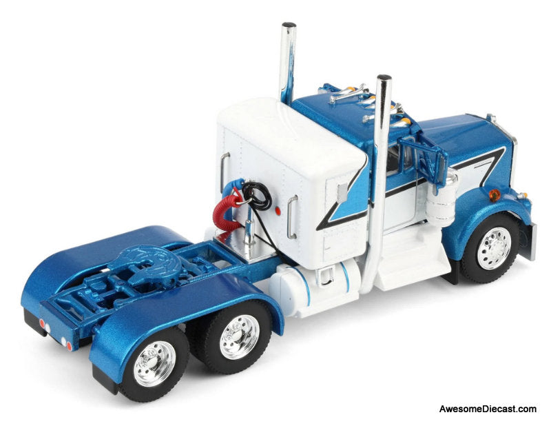 Kenworth W900A Sleeper Cab w/45ft Wilson Vintage Livestock Trailer, Blue/White 1:64 Diecast Model Truck DCP by First Gear