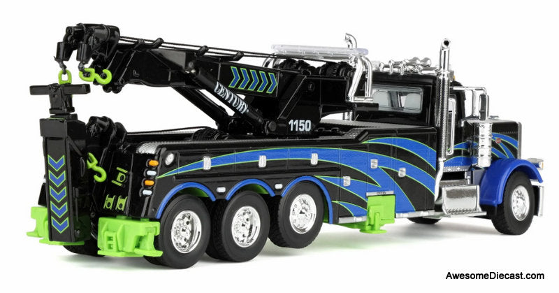 Peterbilt 389 Truck w/Miller Century 1150 Rotator Wrecker, Black/Blue/Green 1:64 Diecast Model Truck  DCP by First Gear