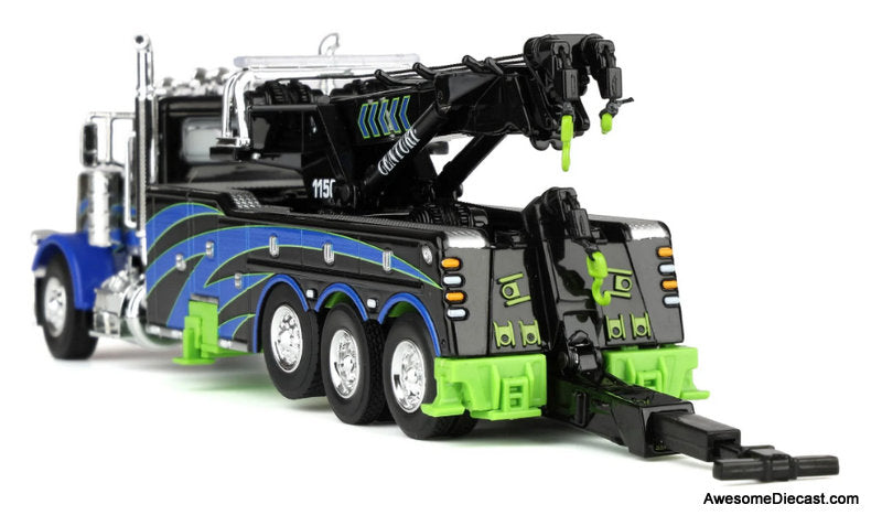 Peterbilt 389 Truck w/Miller Century 1150 Rotator Wrecker, Black/Blue/Green 1:64 Diecast Model Truck  DCP by First Gear