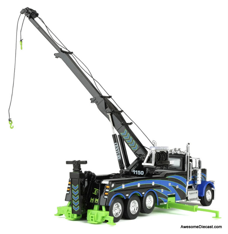 Peterbilt 389 Truck w/Miller Century 1150 Rotator Wrecker, Black/Blue/Green 1:64 Diecast Model Truck  DCP by First Gear