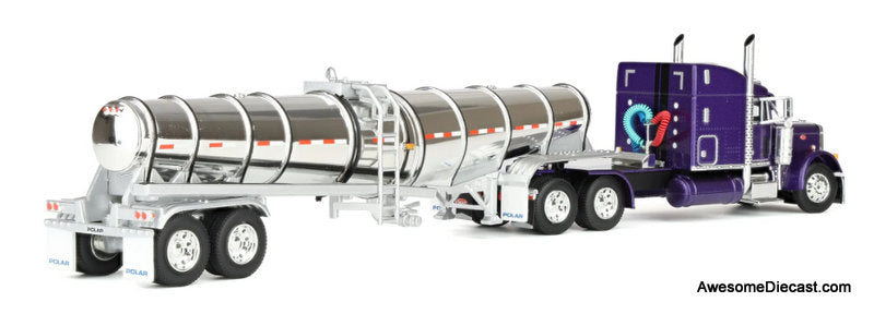 Peterbilt 379 Sleeper Cab w/Polar Deep Drop Trailer: Wild Orchid 1:64 Diecast Model Truck DCP by First Gear