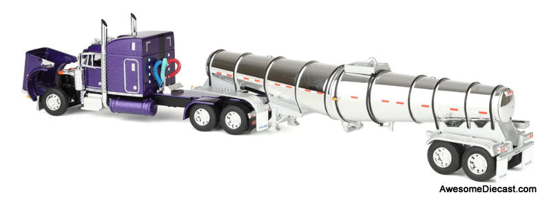 Peterbilt 379 Sleeper Cab w/Polar Deep Drop Trailer: Wild Orchid 1:64 Diecast Model Truck DCP by First Gear