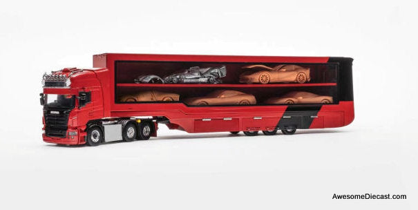 Scania S370 Enclosed Double Deck Gull Wing Transporter, Red (Ferrari) 1:64 Diecast Model Truck by Henson & Heaven