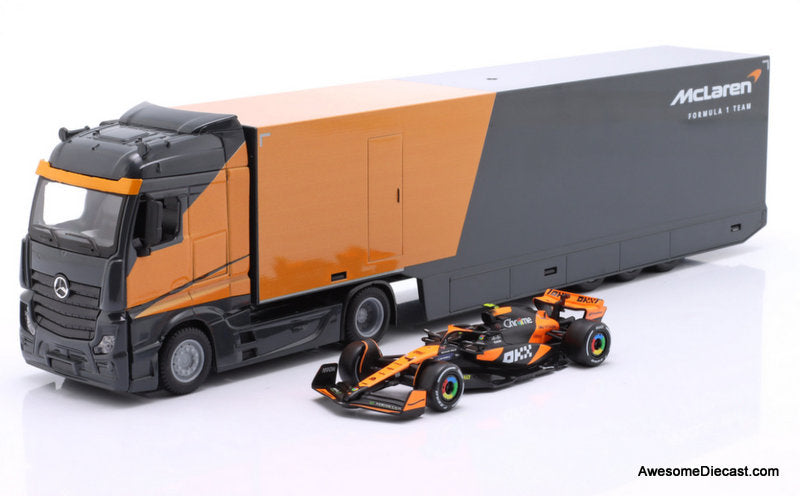 Mercedes Actros Gigaspace w/McLaren MCL38 #4 Lando Norris 1:43 Diecast Model Truck by Burago